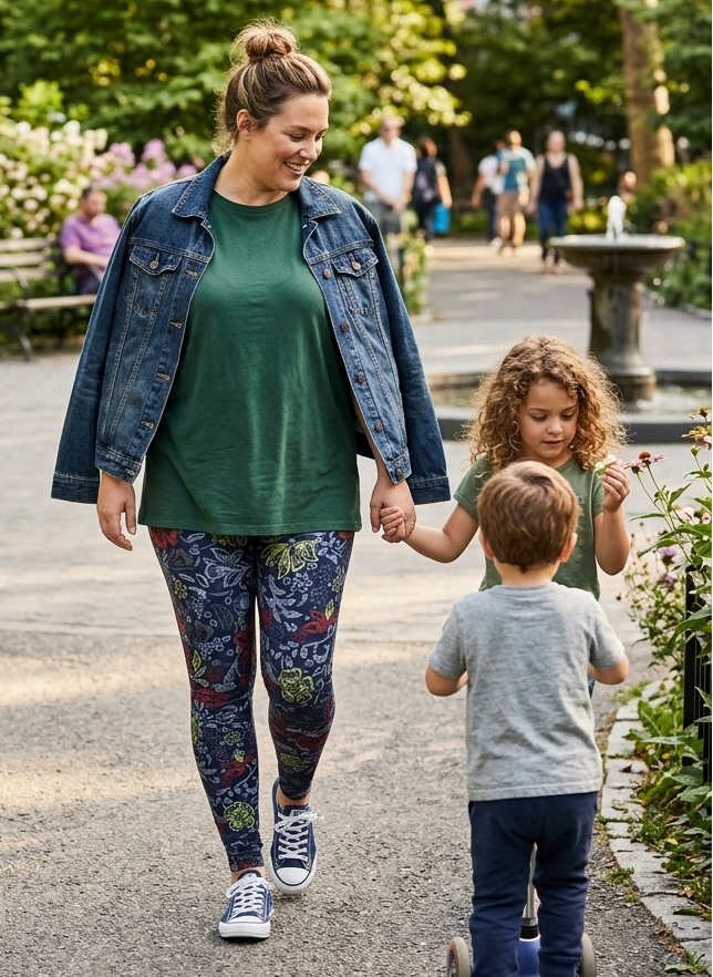 Woman walking with two children in a park