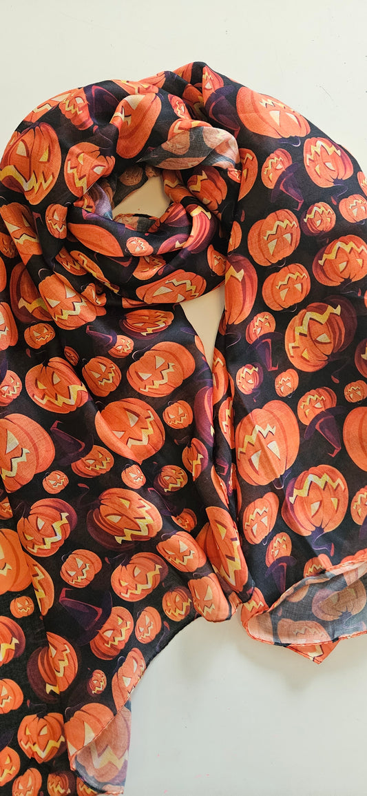 Halloween Pumpkin Scarf – Jack-O’-Lantern Print Wrap 180×70 cm (Cotton Blend)