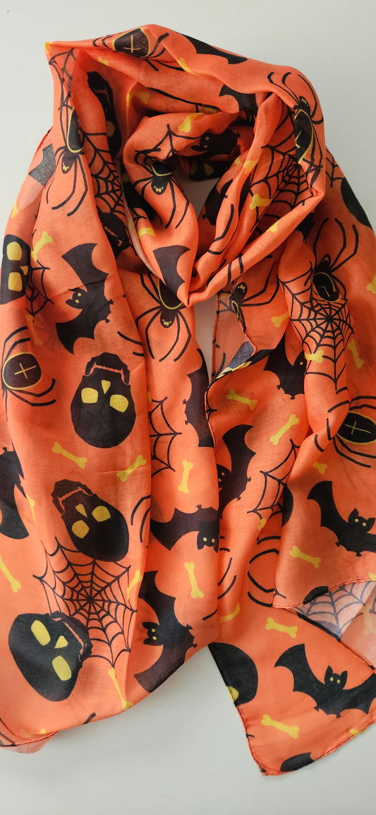 Halloween Print Scarf – Spooky Skull, Spider & Bat Design (180 × 70 cm