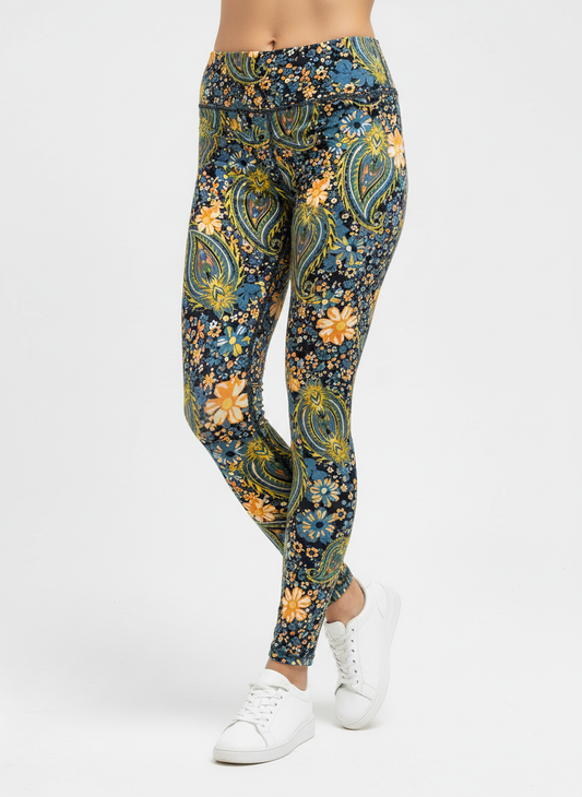 Teal Paisley Print Buttery Soft High-Waisted Leggings-Shimena