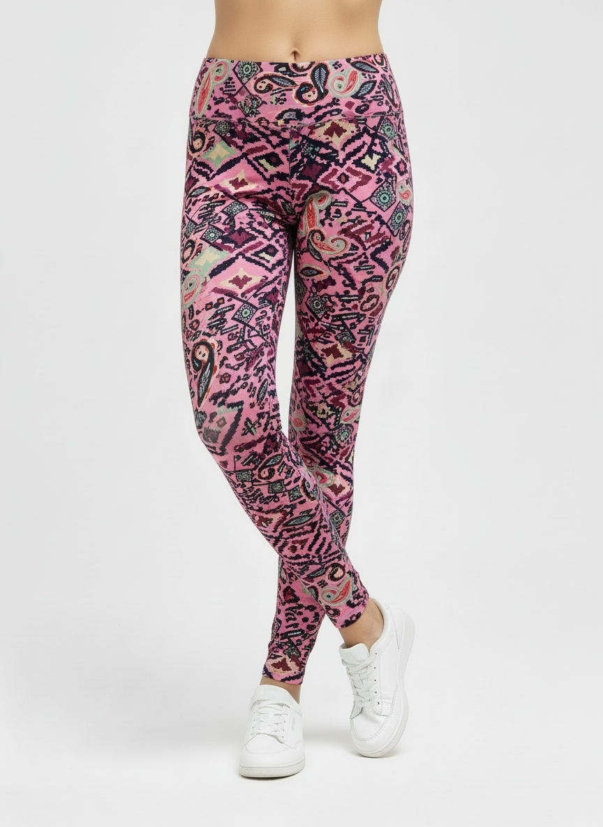 Pink & Navy Paisley Print Buttery Soft High-Waisted Leggings-Shimena