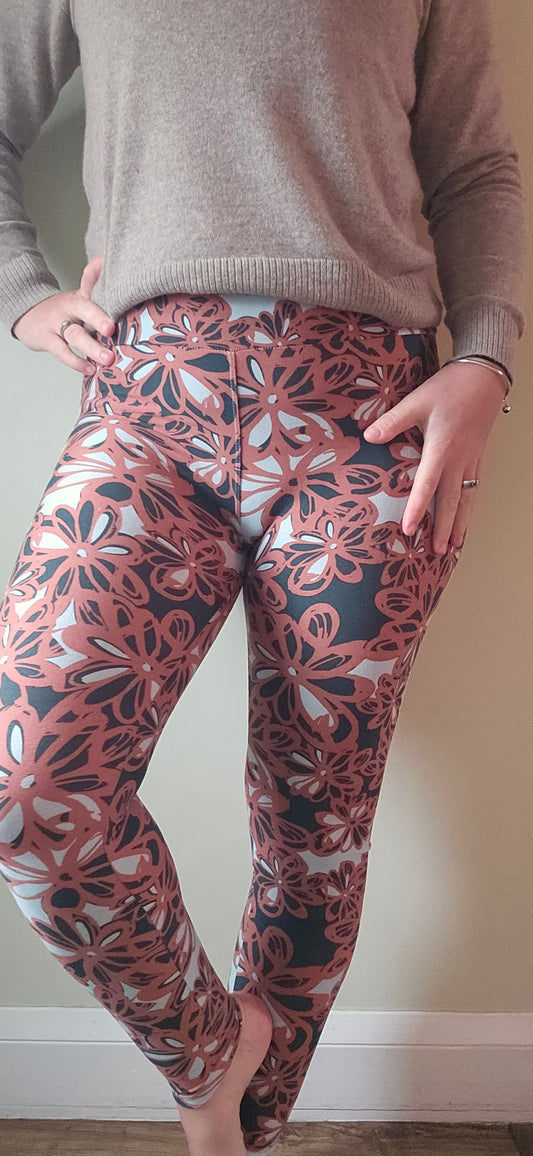 Charcoal & Rust Doodle Flower Print Buttery Soft High-Waisted Leggings