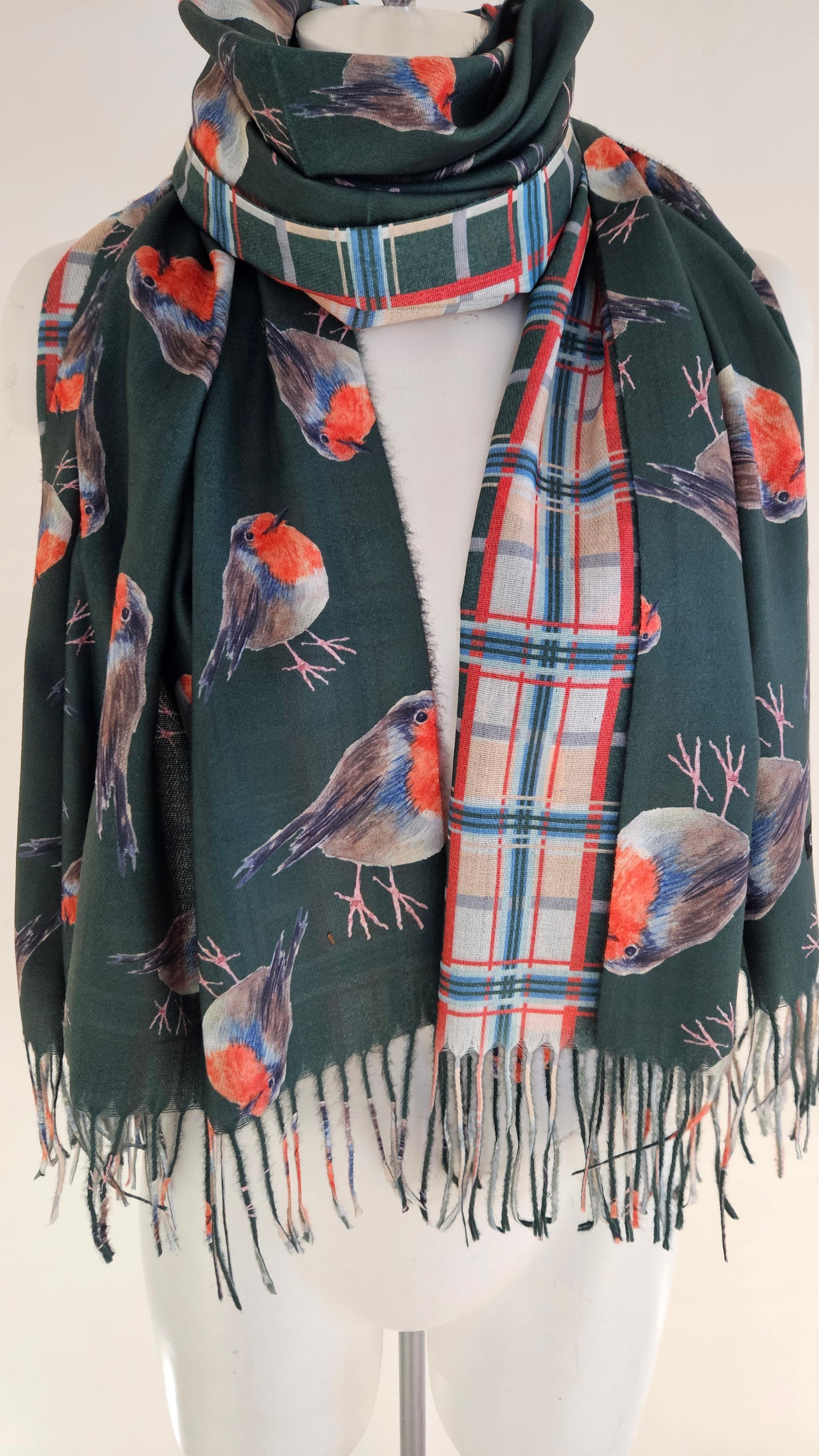 Double-Sided Robin & Tartan Pashmina-Shimena