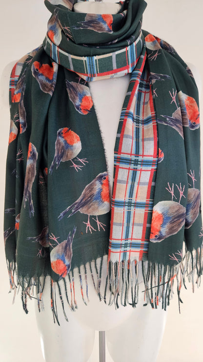 Double-Sided Robin & Tartan Pashmina-Shimena
