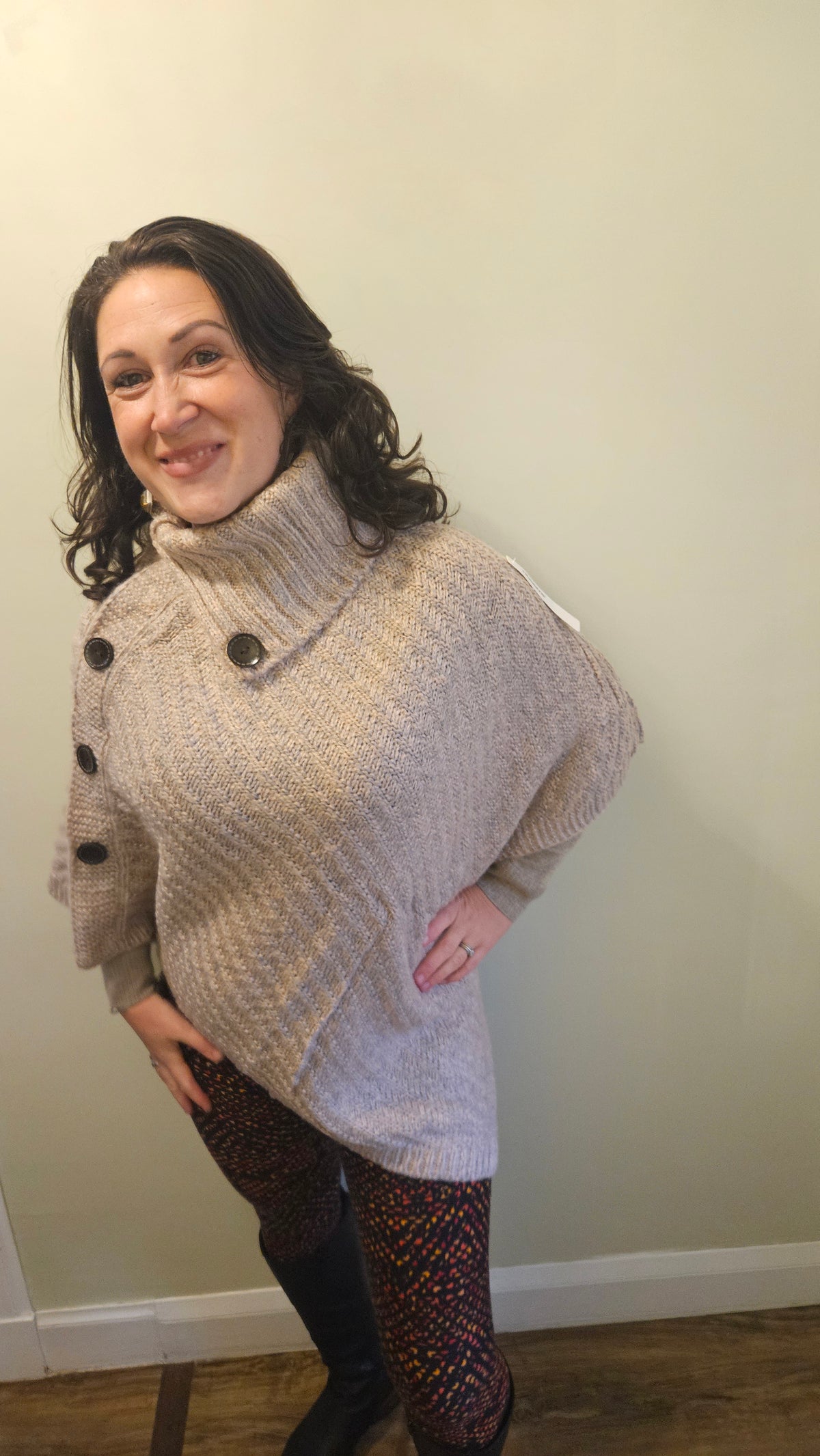Cosy Cowl Neck, Button Detail Poncho