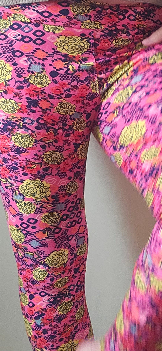 Pink and Yellow Rose Print Buttery Soft High-Waisted Leggings