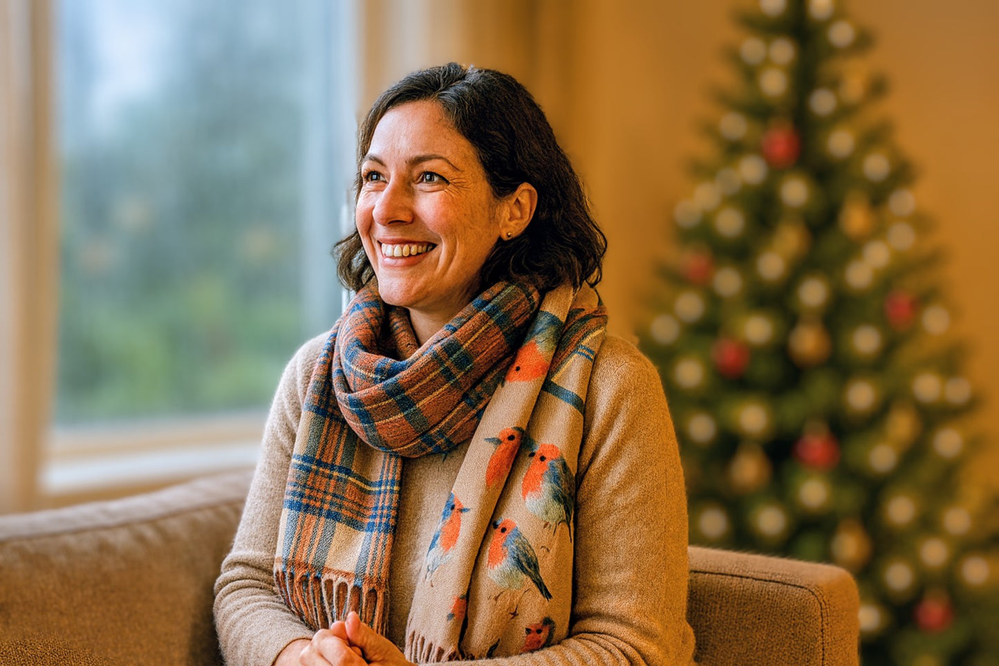 Double-Sided Robin & Tartan Pashmina-Shimena