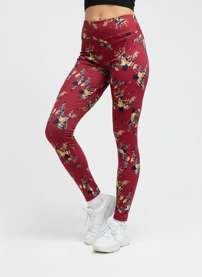 Burgundy Bird Print Buttery Soft High-Waisted Leggings-Shimena