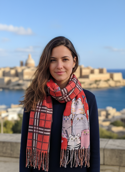 Reversible Cat & Tartan Cashmere-Feel Pashmina – Soft & Stylish Wrap-Shimena