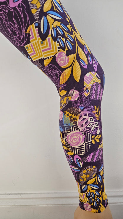 Purple Rose Geo Patchwork Buttery Soft High-Waisted Leggings-Shimena
