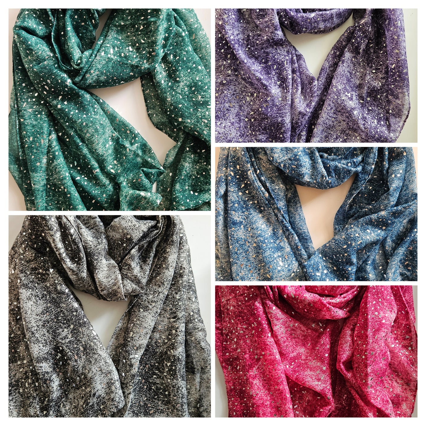 Collage of glittery scarves in various colours on a white background