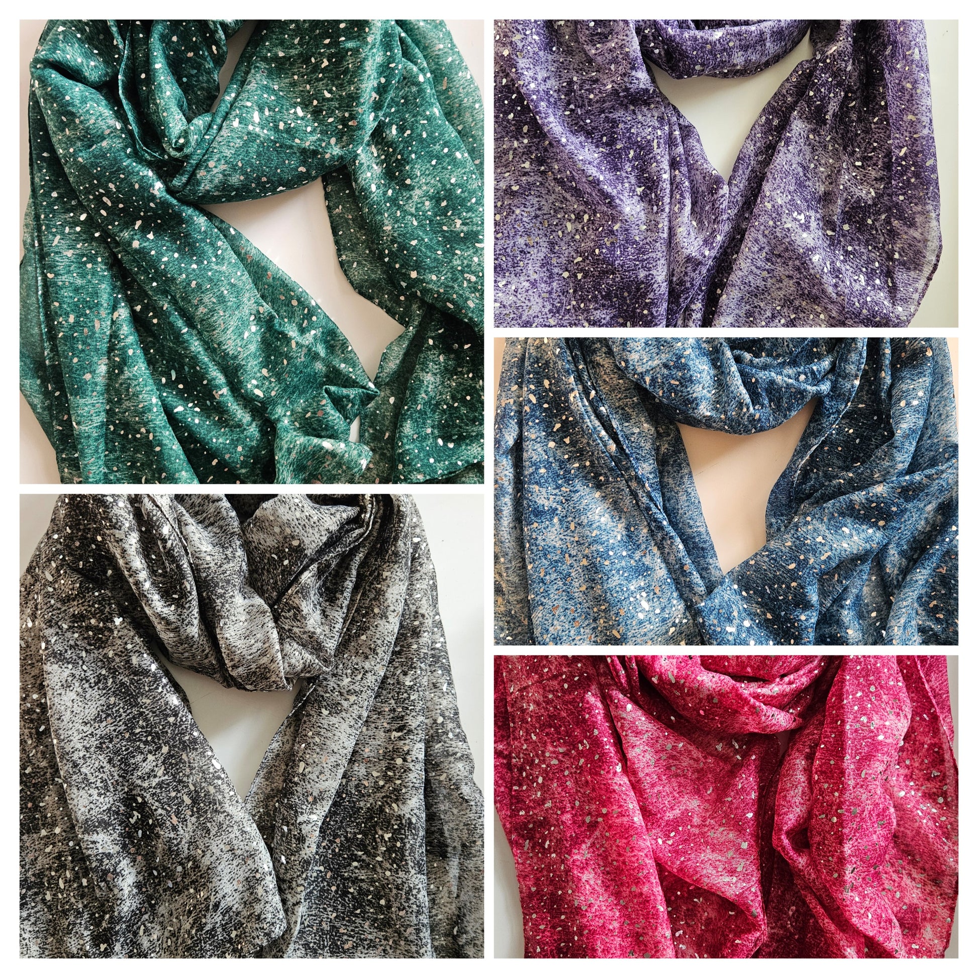 Collage of glittery scarves in various colours on a white background